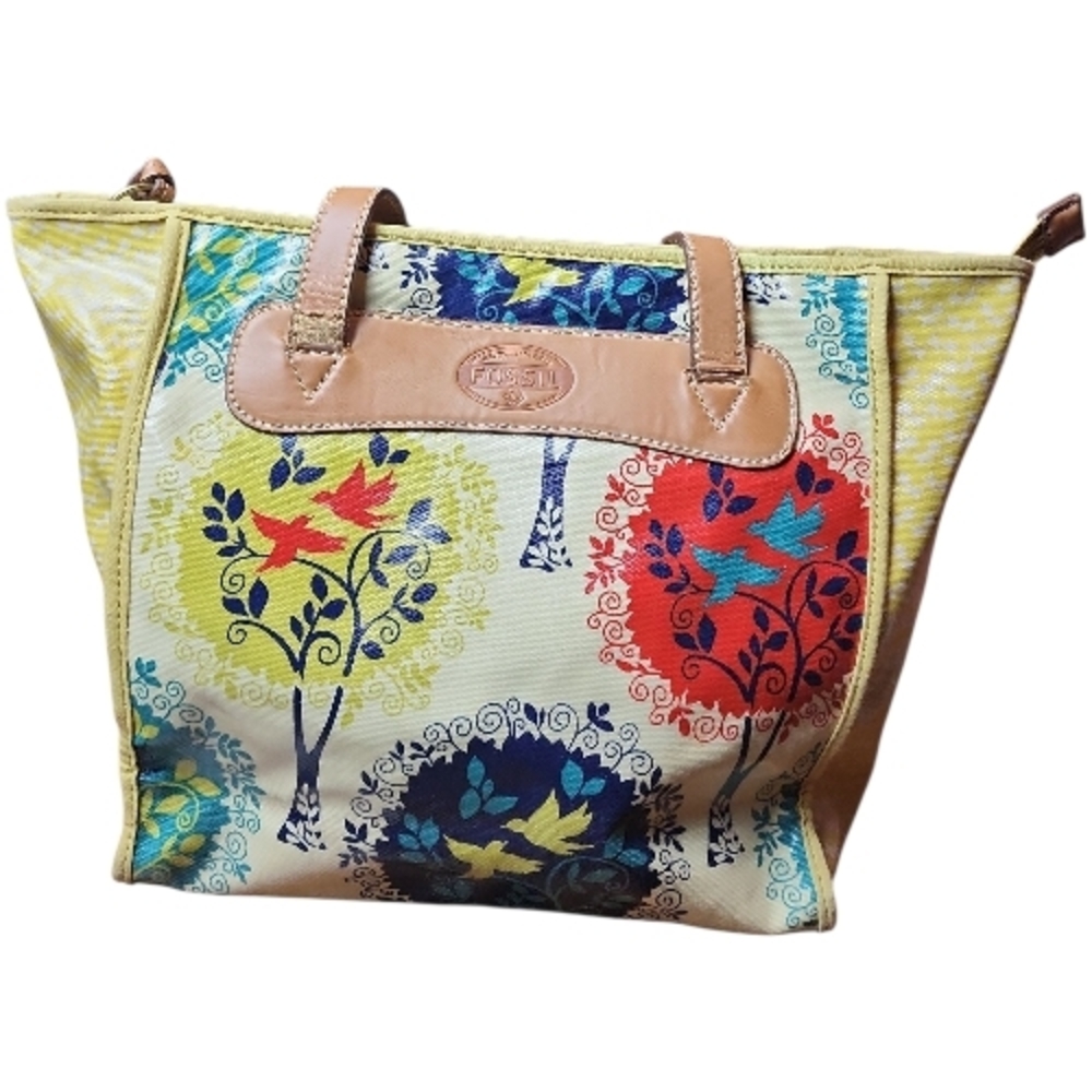 FOSSIL | Floral Birds Animal Colorful PVC Coated Canvas Tote Bag Purse Bag